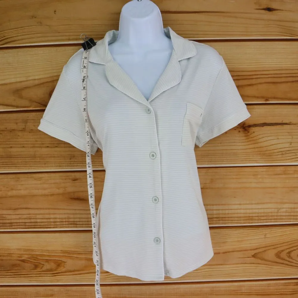Tahari Pajama Top Button Up Short Sleeves Womens Size M Green White Striped SOFT